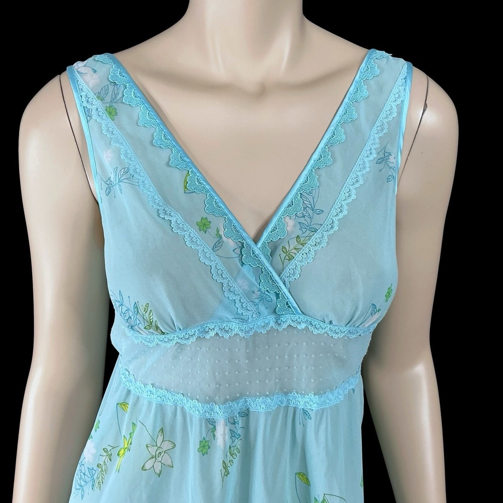 Victorias Secret Women Small Blue Turquoise Lace Trim Chiffon Babydoll Nightie - Picture 2 of 7